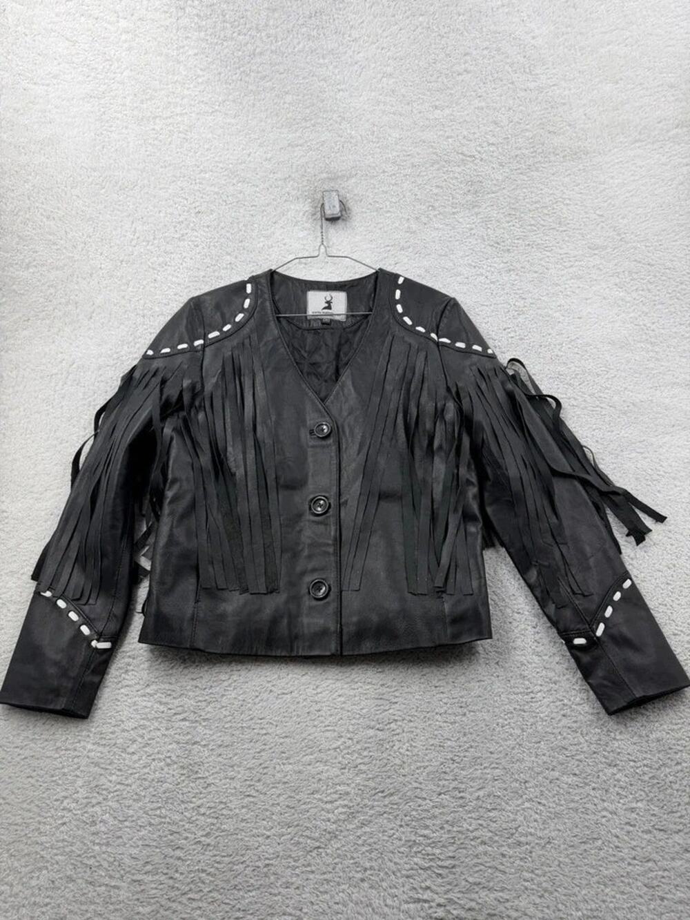Women's Fringe 100% Real Leather Jacket Black (Chest 38"/Sleeve 24"/Length 22")